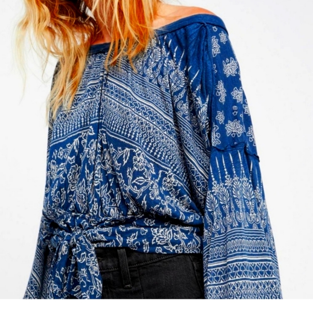 Free People Top Boho Blue Large Weekend Warrior